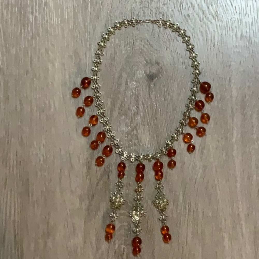 Baltic Amber Beaded Artsy Necklace with Sterling Filagree Design.  16”